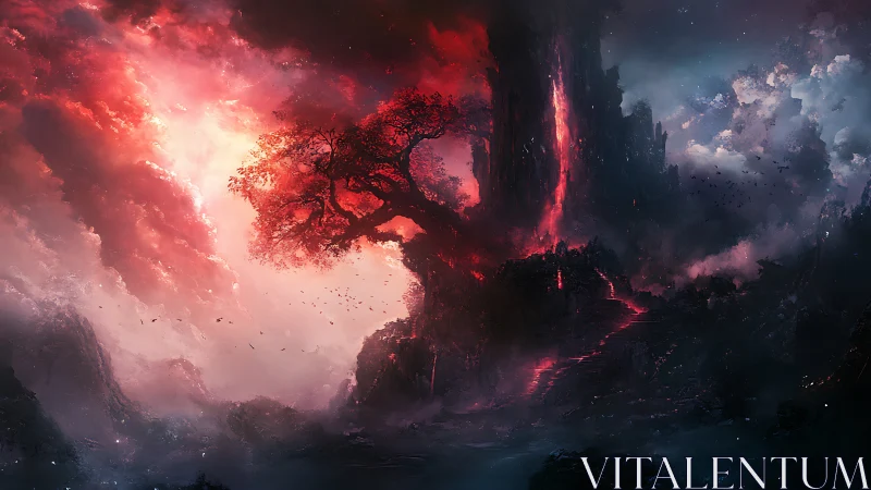 Crimson storm crowns a lone tree over the volcanic abyss