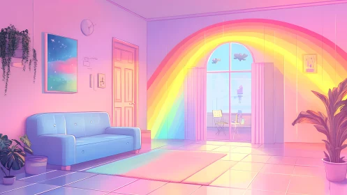 Rainbow arcs across pastel living room with bright window