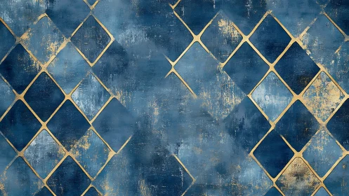 Abstract blue lattice with distressed metallic diamond grid.