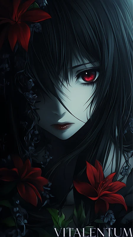 Crimson eyed midnight muse entwined in shadowed lilies.