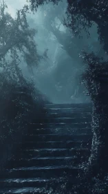 Misty stone staircase ascending through overgrown forest.