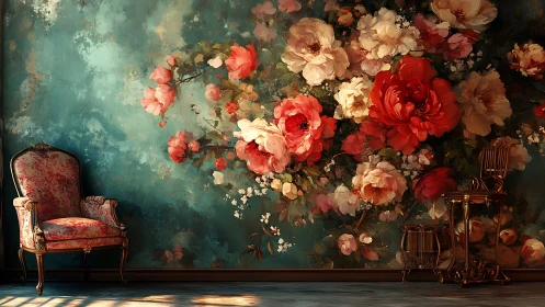 Floral mural with vintage chair in teal-toned interior.