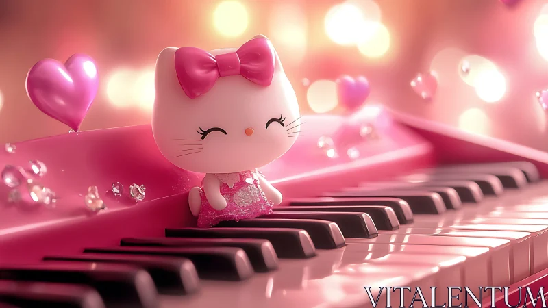 Pink kitten figurine on piano keys in dreamy bokeh light.