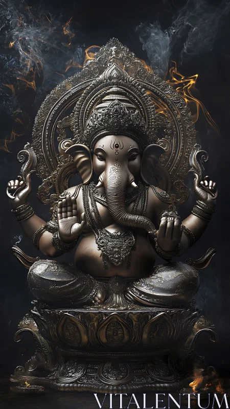 High-detail metallic Ganesha sculpture with dynamic volumetric smoke