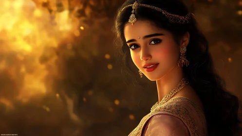 Portrait of woman in traditional jewelry and warm light.