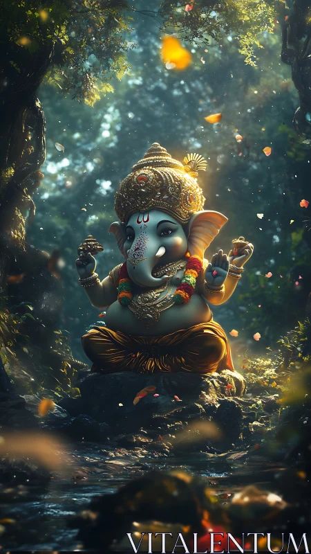 Forest morning crowns baby Ganesha in drifting petals