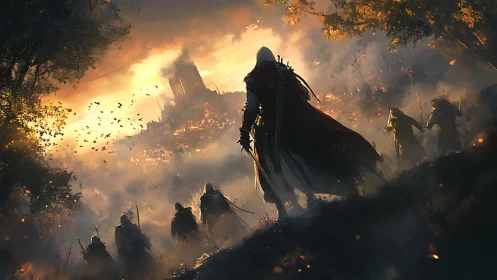 Hooded warriors advance toward burning citadel at dusk