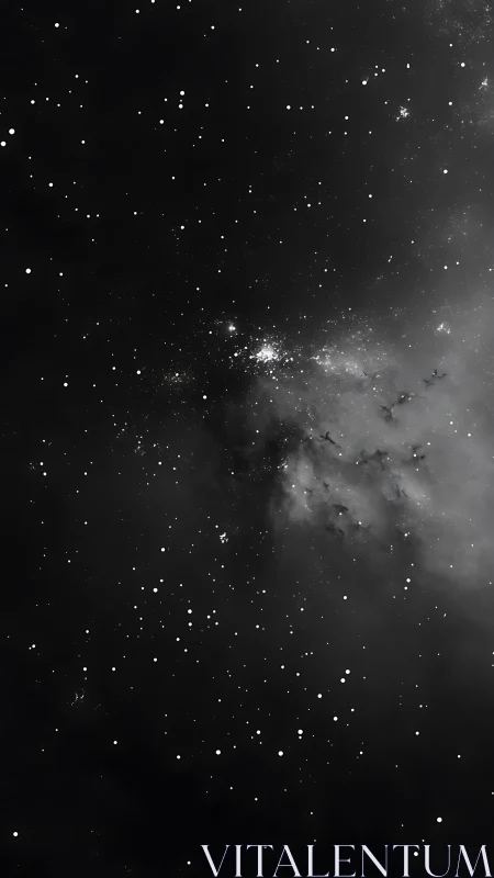 Monochrome starfield with dense central nebula region.