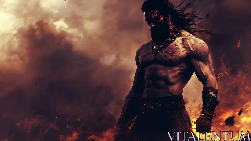 War-torn fire warrior rising strong from swirling embers.