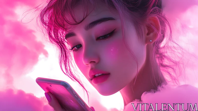 Digital painting portrait in neon pink cloudscape environment.
