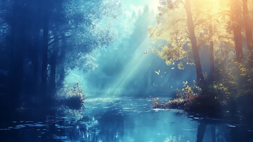 Sunlit forest waterway with dense trees and rising mist.