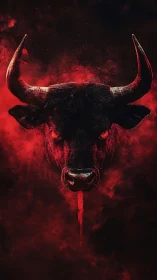 Demonic bull portrait emerges from red particulate smoke field