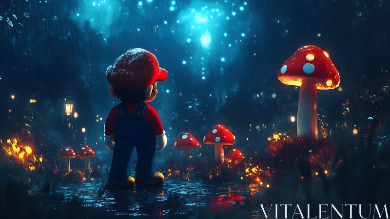 Luminescent forest platformer hero under bioluminescent rain