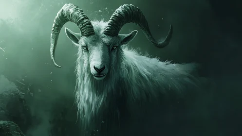 High-contrast horned goat portrait with volumetric mist and rim lighting