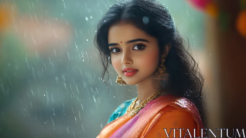 Portrait shows traditionally dressed woman in rainfall