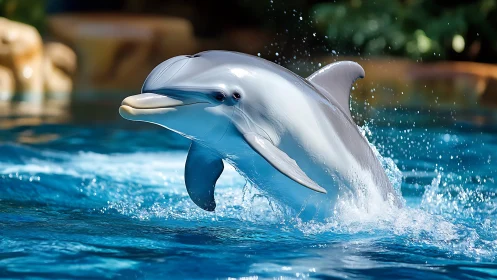 Silver-skinned dolphin rockets through sapphire splash curtain.