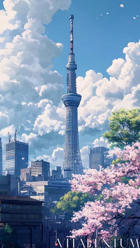 Tall broadcast tower rises over city skyline and blossoms