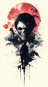 Dual skull visage and lone swordsman in monochrome ink