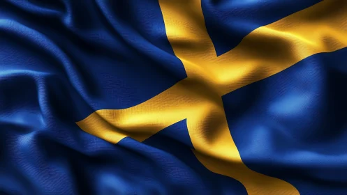 Flowing Swedish flag in rich blue and golden light.