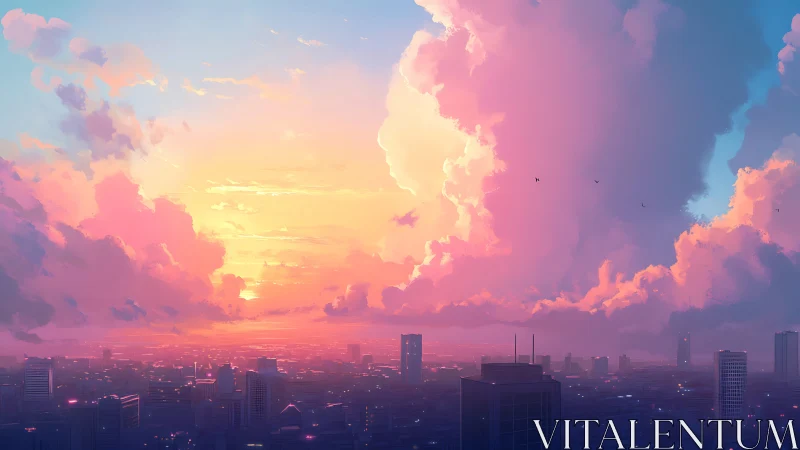 Soft sunset clouds glowing gently above a quiet city.