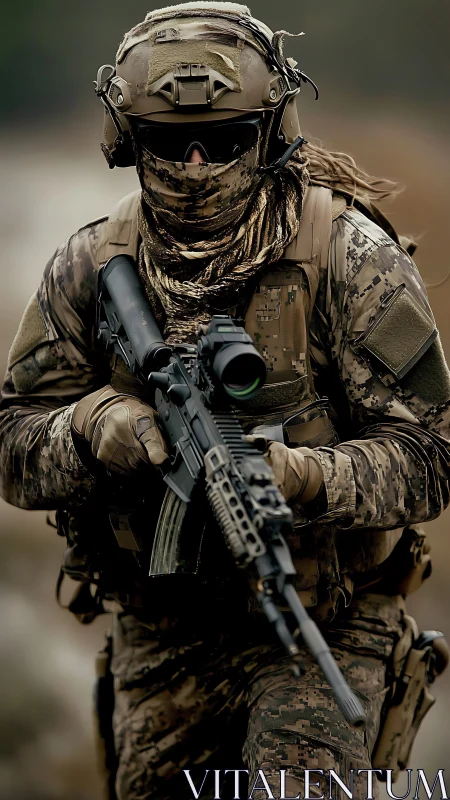Modern camouflaged soldier with rifle in field setting.