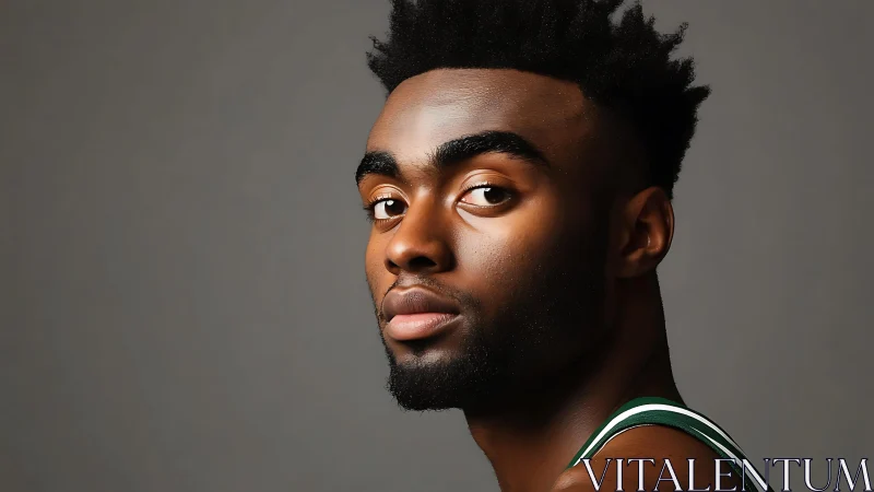 Calm sidelong stare of an athletic dreamer in studio light.