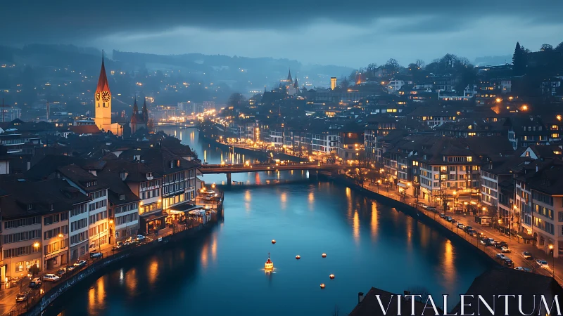 Calm European riverside city under blue dusk sky.