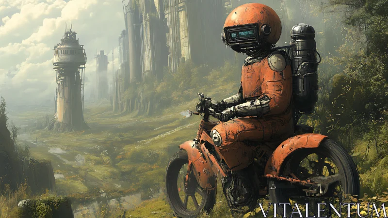 Rust-clad explorer robot on bike in verdant post-ruin valley.