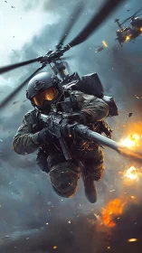 Storm-borne commando drops through firelit battlefield skies.