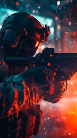 Tactical soldier in neon bokeh lighting holds rifle in profile