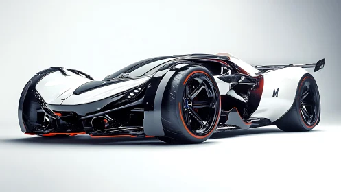 Futuristic black and white hypercar concept in studio setting.