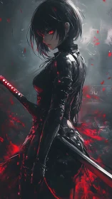 Shadowed cyber samurai stands in crimson stormlight resolve