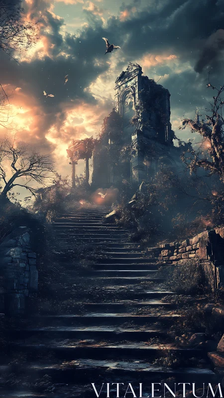 Mystical stone staircase rising toward a glowing ruined tower.