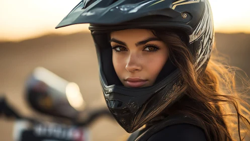 Motocross rider portrait captures focused desert sunset gaze