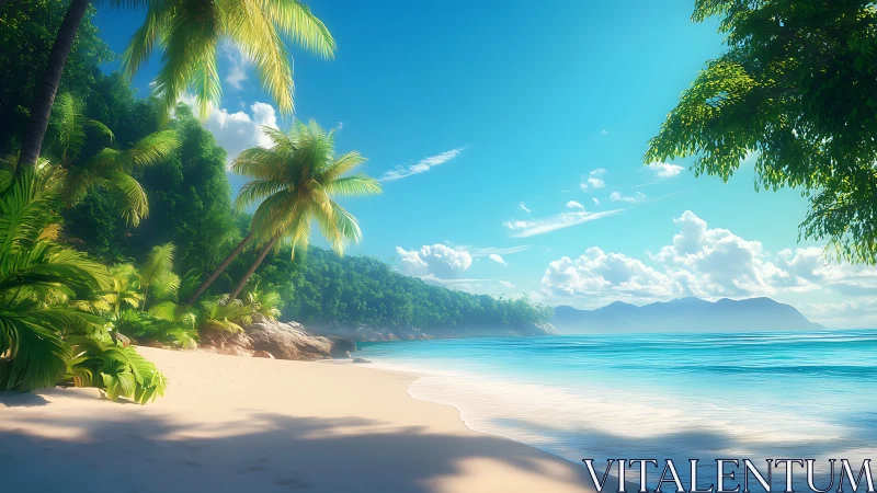 Tropical Coastal Composition: Palmate Vegetation Framing Crystalline Littoral Zone.