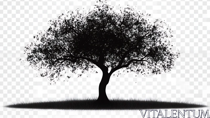 Solitary deciduous tree silhouette on transparent ground plane.