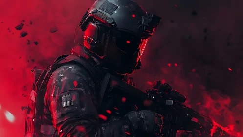 Midnight soldier framed in glowing red embers of battle.