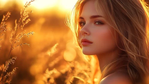 Golden hour portrait of young woman in sunlit field.