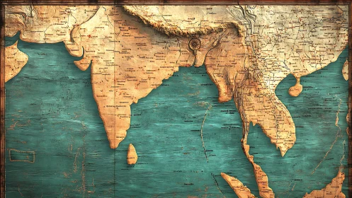 Vintage styled map of India and South Asia in teal tones.