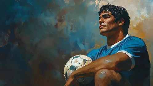 Thoughtful footballer pauses with the ball in warm light