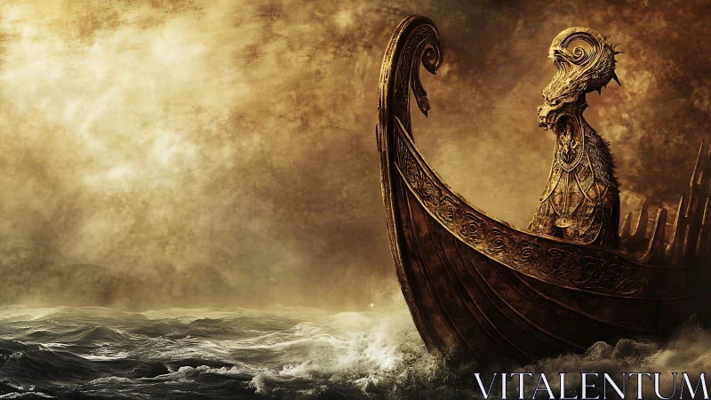 Mystic bronze sea guardian sailing through glowing storm skies.