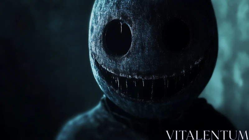 Staring void smile mask in dim teal horror lighting.