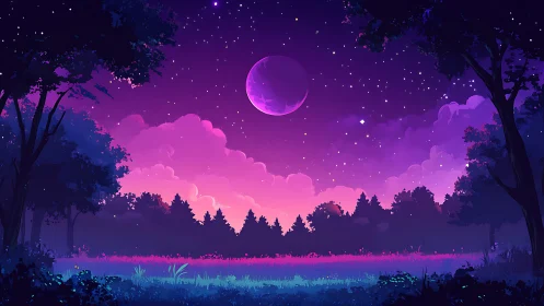 Twilight forest clearing under star field and distant moon.