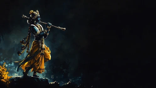 Divine flute player glowing gently against the night sky.