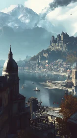 Mountain fortress overlooks misty harbor and clustered rooftops.