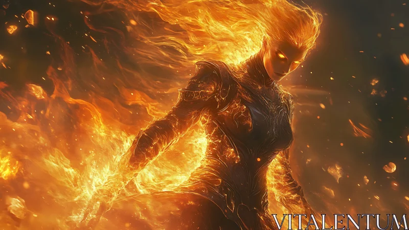 Flameborn guardian strides through a storm of molten light.