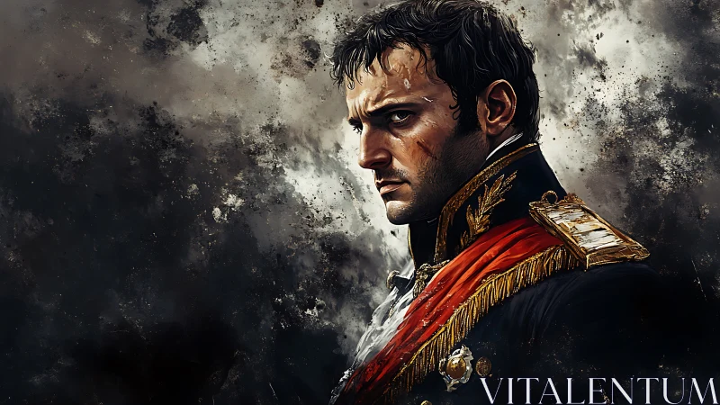 Military officer portrait amid dark atmospheric backdrop.