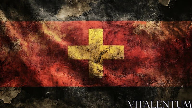 Weathered cross banner glowing through scorched darkness.