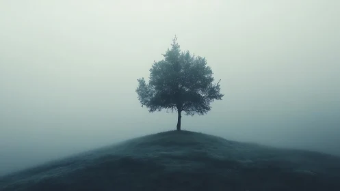 Solitary tree crowns a misty hill in soft blue haze.