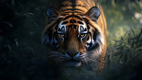 Tiger stalks through shadowed jungle with piercing gaze.